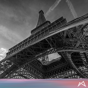 the Eiffel tower from below with the strata logo